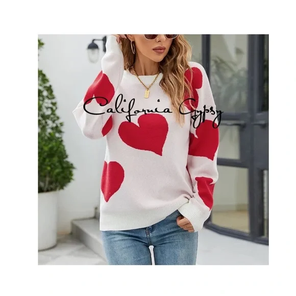 Heart Print Oversized V-Neck Knit Sweater - Picture 5 of 9